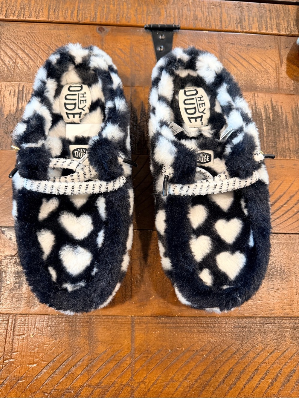 Hey Dude Black & White Heart Fuzzy Slippers